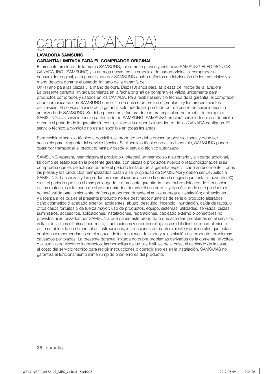 Garantía (canada) | Samsung WF431ABW-XAA User Manual | Page 78 / 120