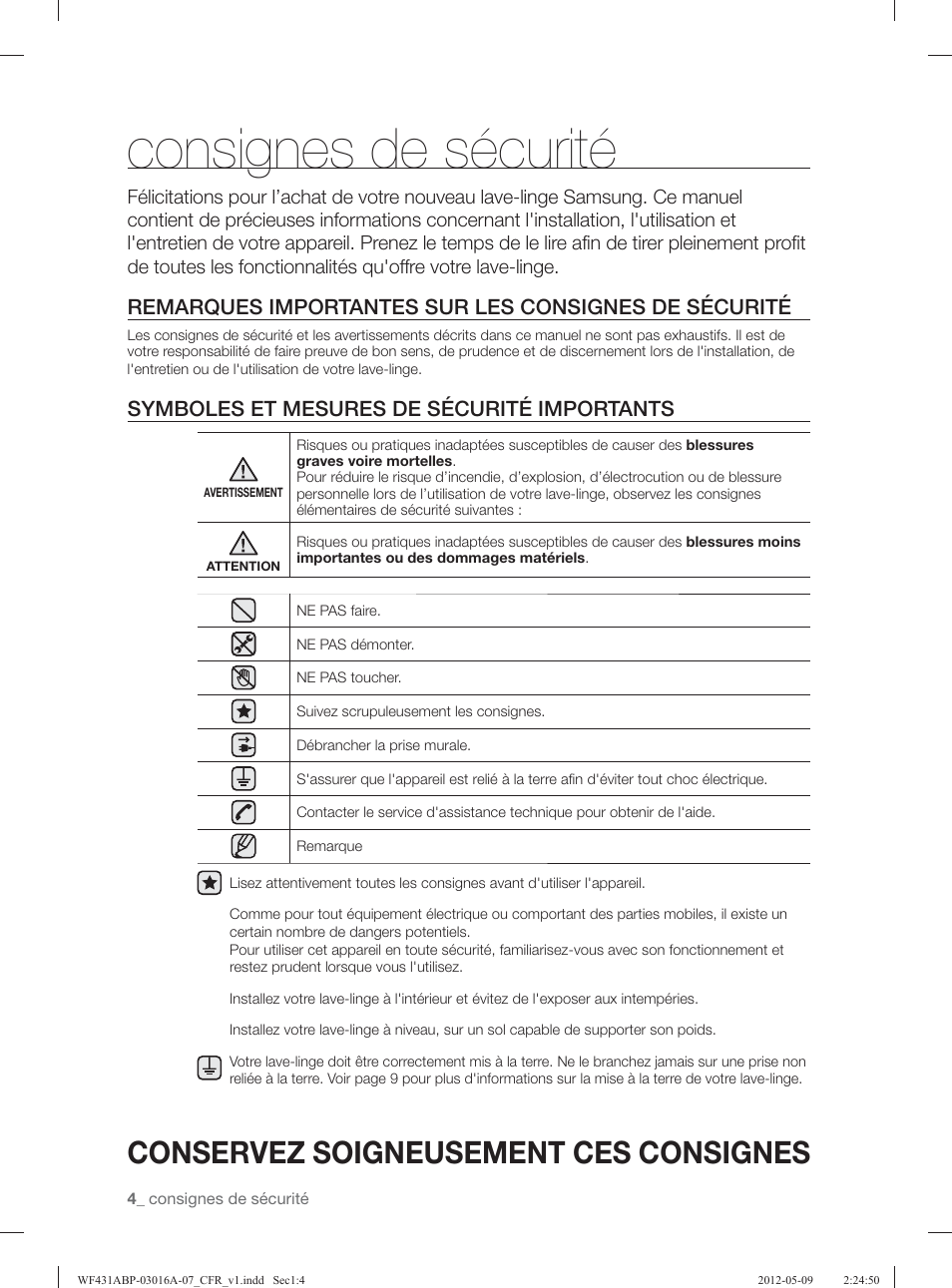 Consignes de sécurité, Conservez soigneusement ces consignes, Symboles et mesures de sécurité importants | Samsung WF431ABW-XAA User Manual | Page 84 / 120