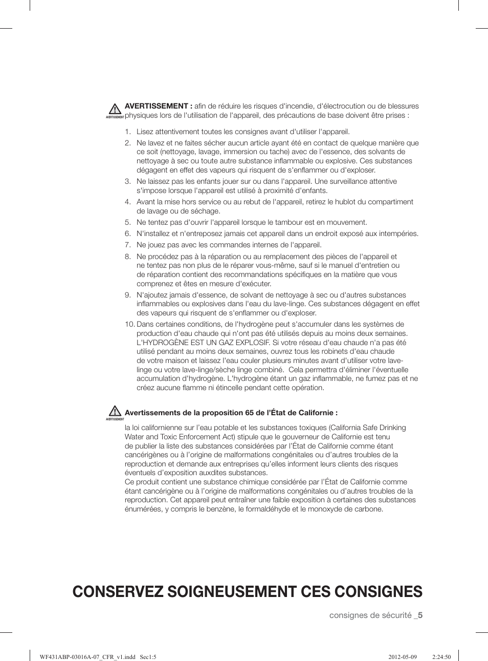 Conservez soigneusement ces consignes | Samsung WF431ABW-XAA User Manual | Page 85 / 120