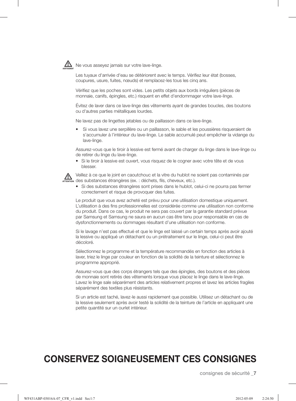 Conservez soigneusement ces consignes | Samsung WF431ABW-XAA User Manual | Page 87 / 120