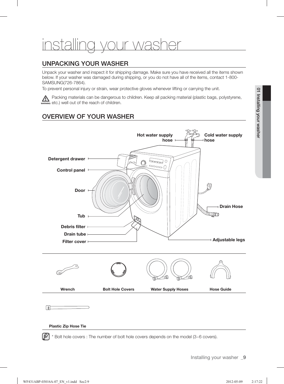 Installing your washer, Unpacking your washer, Overview of your washer | Samsung WF431ABW-XAA User Manual | Page 9 / 120