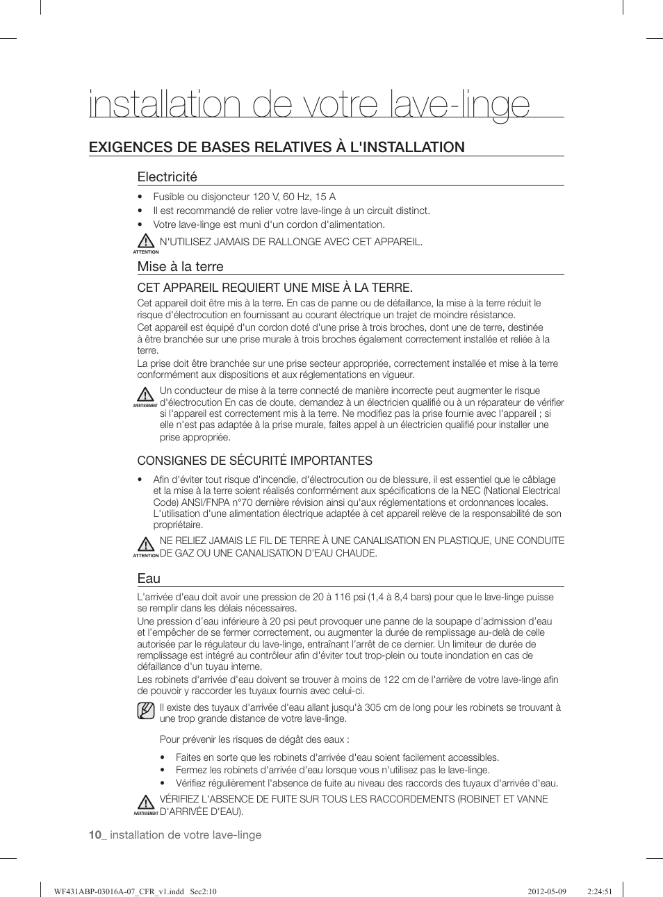 Installation de votre lave-linge, Exigences de bases relatives à l'installation, Electricité | Mise à la terre | Samsung WF431ABW-XAA User Manual | Page 90 / 120