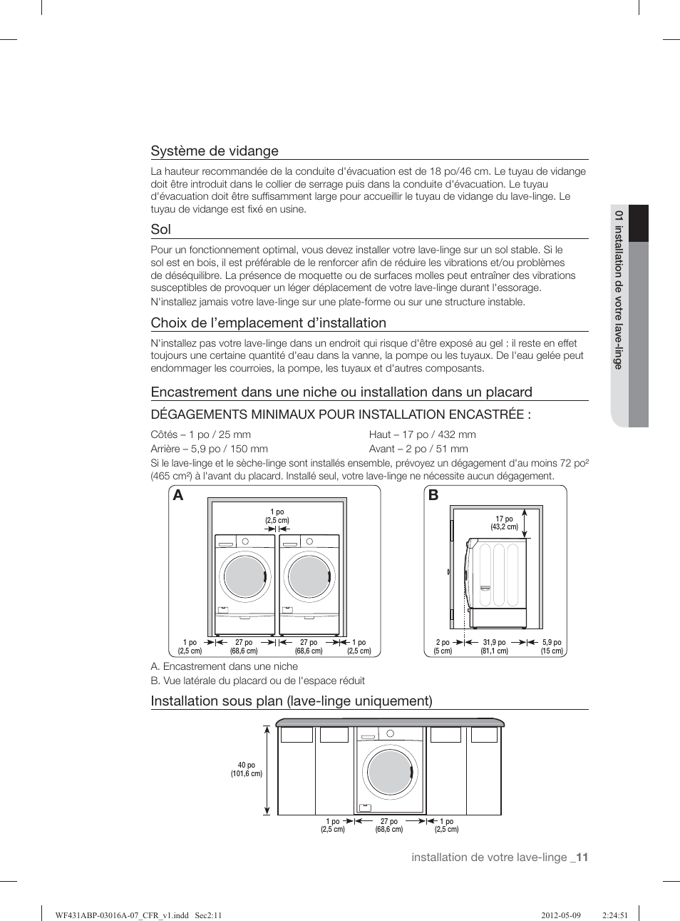 Système de vidange, Choix de l’emplacement d’installation, Installation sous plan (lave-linge uniquement) | Dégagements minimaux pour installation encastrée | Samsung WF431ABW-XAA User Manual | Page 91 / 120