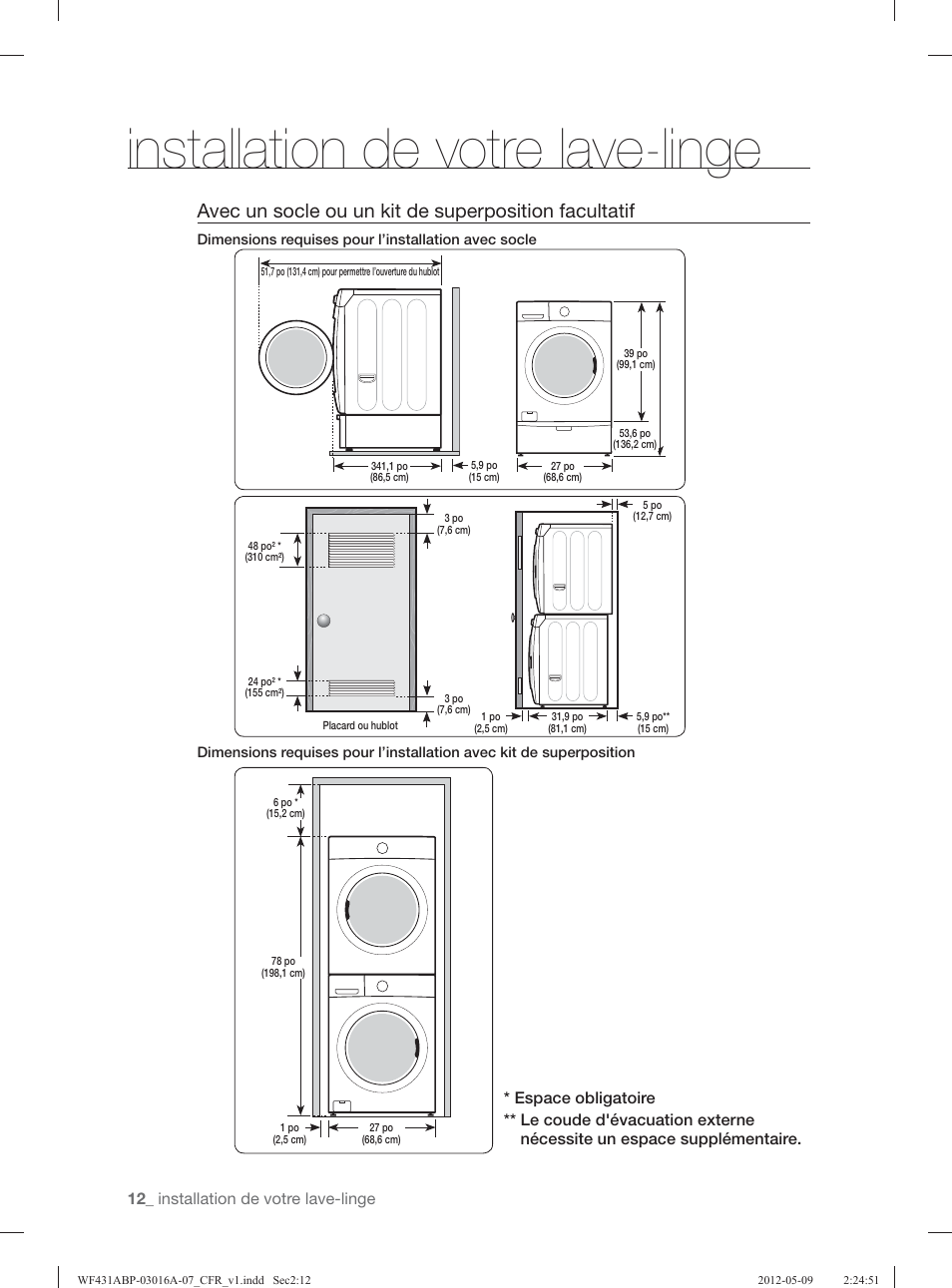 Installation de votre lave-linge | Samsung WF431ABW-XAA User Manual | Page 92 / 120