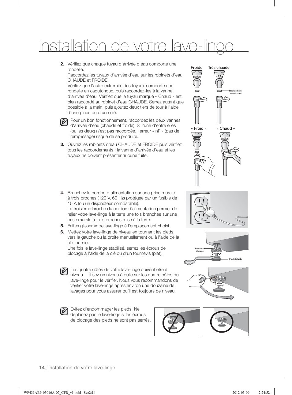 Installation de votre lave-linge | Samsung WF431ABW-XAA User Manual | Page 94 / 120