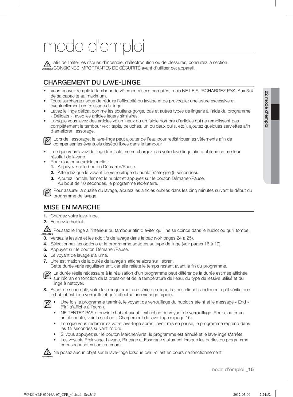 Mode d'emploi, Chargement du lave-linge, Mise en marche | Samsung WF431ABW-XAA User Manual | Page 95 / 120
