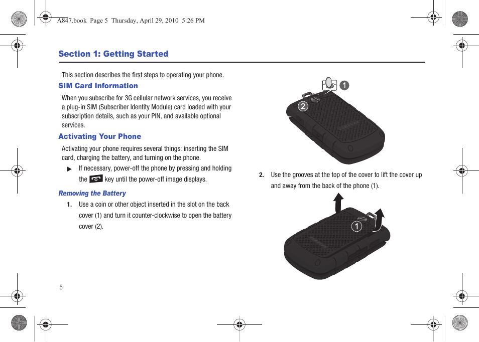 Section 1: getting started, Sim card information, Activating your phone | Sim card information activating your phone | Samsung SGH-A847ZAAATT User Manual | Page 10 / 187