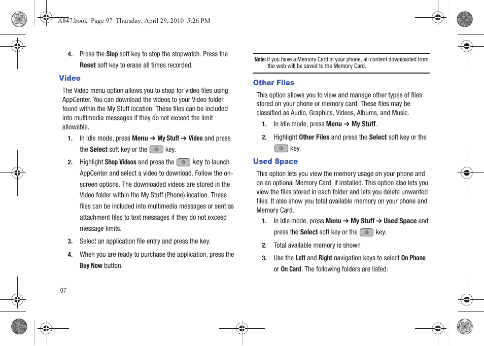 Video, Other files, Used space | Video other files used space | Samsung SGH-A847ZAAATT User Manual | Page 102 / 187