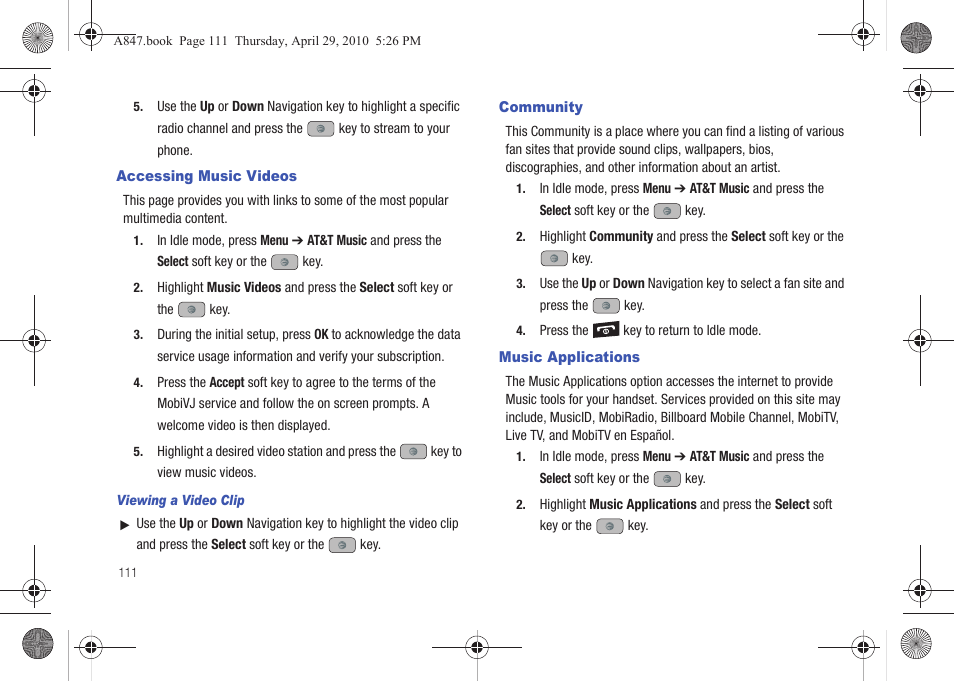 Accessing music videos, Community, Music applications | Samsung SGH-A847ZAAATT User Manual | Page 116 / 187