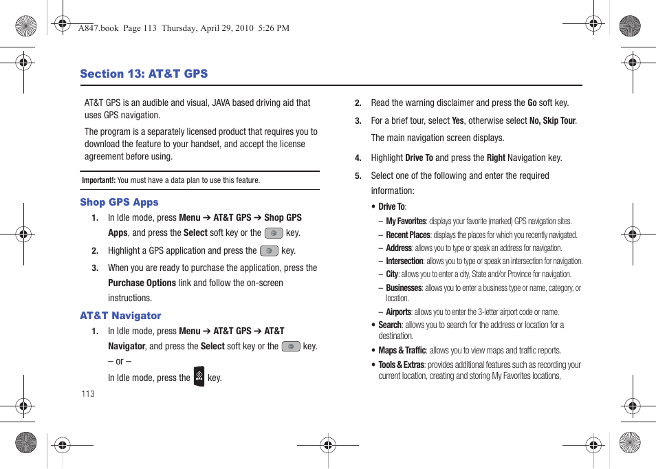 Section 13: at&t gps, Shop gps apps, At&t navigator | Shop gps apps at&t navigator | Samsung SGH-A847ZAAATT User Manual | Page 118 / 187