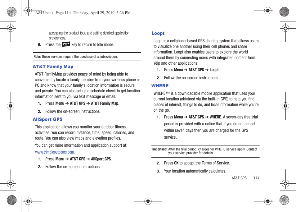 At&t family map, Allsport gps, Loopt | Where, At&t family map allsport gps loopt where | Samsung SGH-A847ZAAATT User Manual | Page 119 / 187