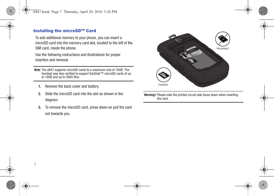 Installing the microsd™ card | Samsung SGH-A847ZAAATT User Manual | Page 12 / 187