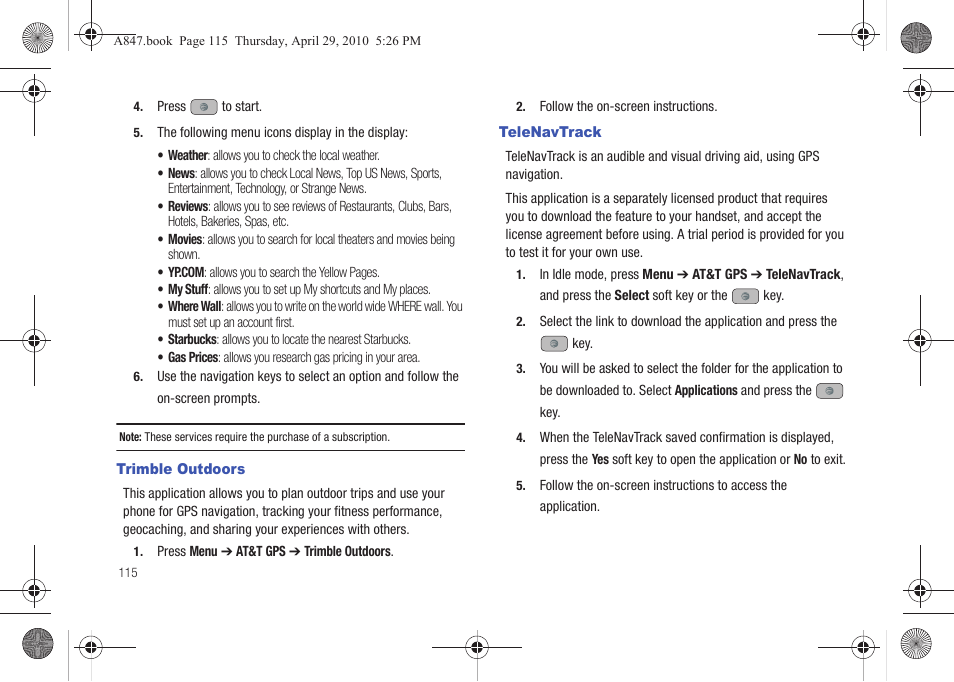 Trimble outdoors, Telenavtrack, Trimble outdoors telenavtrack | Samsung SGH-A847ZAAATT User Manual | Page 120 / 187