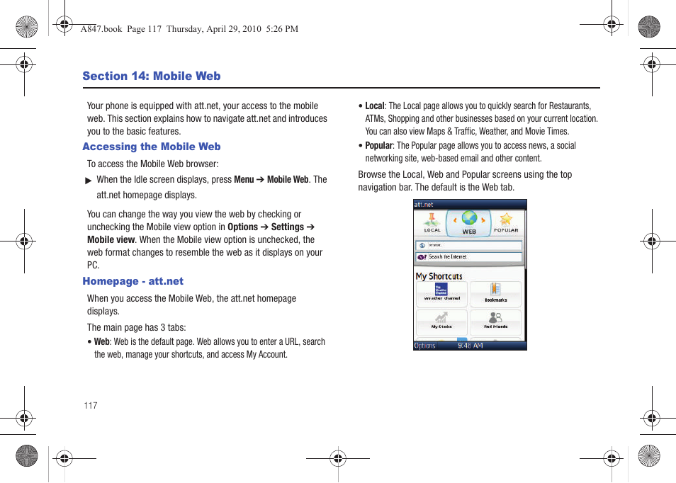 Section 14: mobile web, Accessing the mobile web | Samsung SGH-A847ZAAATT User Manual | Page 122 / 187