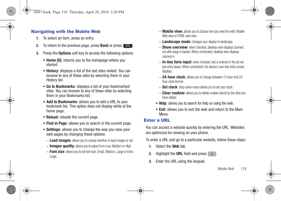 Navigating with the mobile web, Enter a url, Navigating with the mobile web enter a url | Samsung SGH-A847ZAAATT User Manual | Page 123 / 187