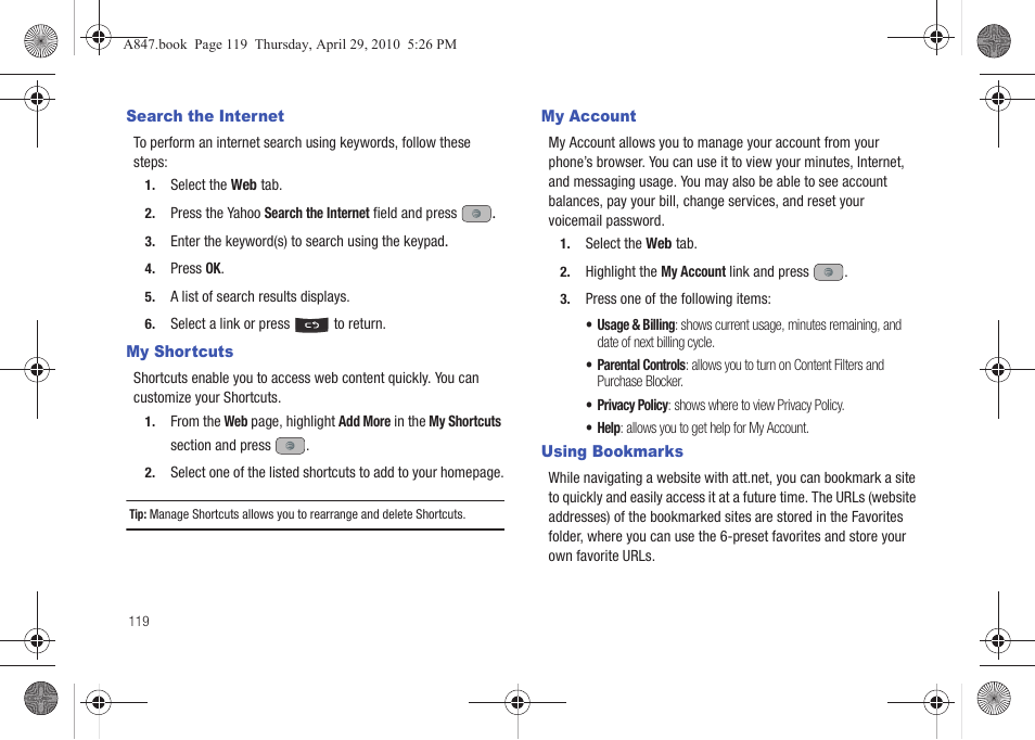 Search the internet, My shortcuts, My account | Using bookmarks | Samsung SGH-A847ZAAATT User Manual | Page 124 / 187