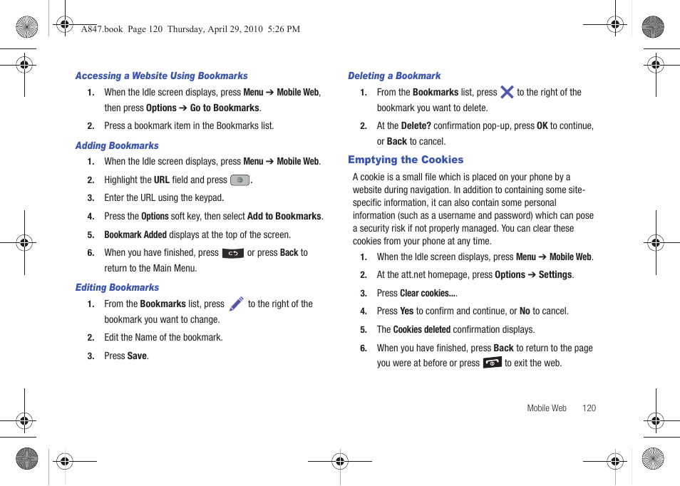 Emptying the cookies | Samsung SGH-A847ZAAATT User Manual | Page 125 / 187