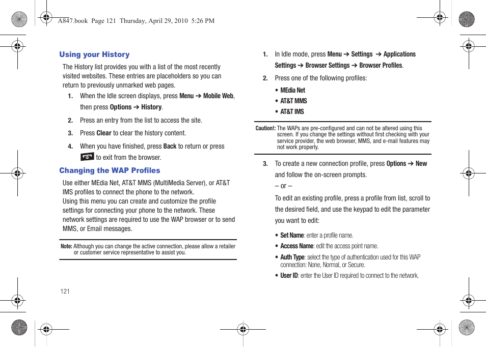 Using your history, Changing the wap profiles, Using your history changing the wap profiles | Samsung SGH-A847ZAAATT User Manual | Page 126 / 187