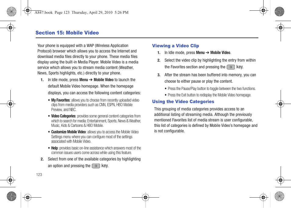 Section 15: mobile video, Viewing a video clip, Using the video categories | Viewing a video clip using the video categories | Samsung SGH-A847ZAAATT User Manual | Page 128 / 187
