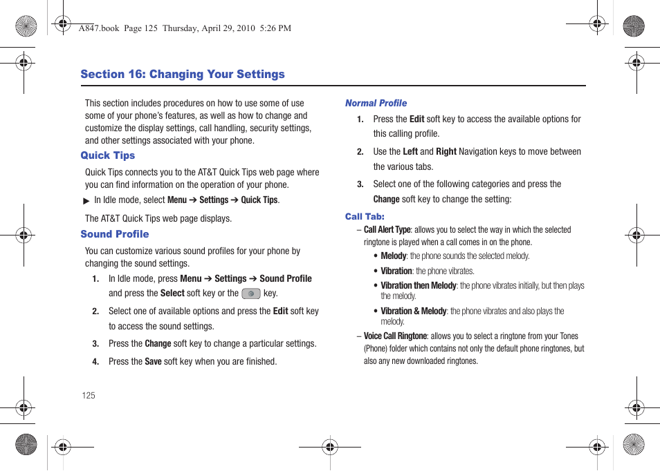 Section 16: changing your settings, Quick tips, Sound profile | Quick tips sound profile | Samsung SGH-A847ZAAATT User Manual | Page 130 / 187