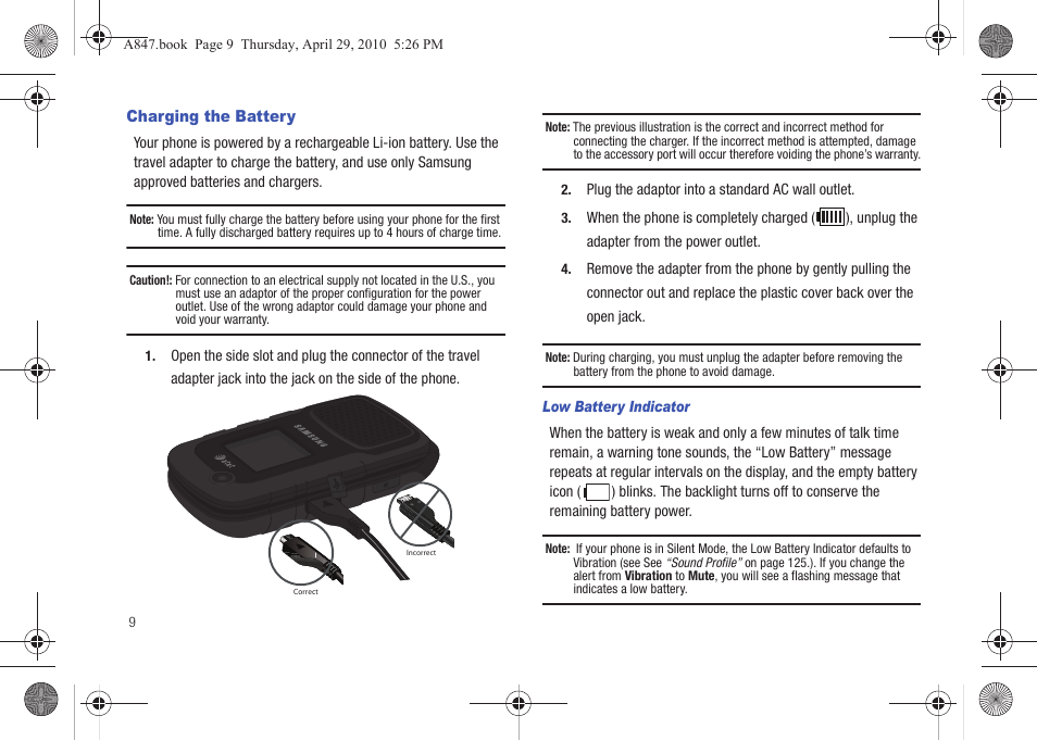 Charging the battery | Samsung SGH-A847ZAAATT User Manual | Page 14 / 187