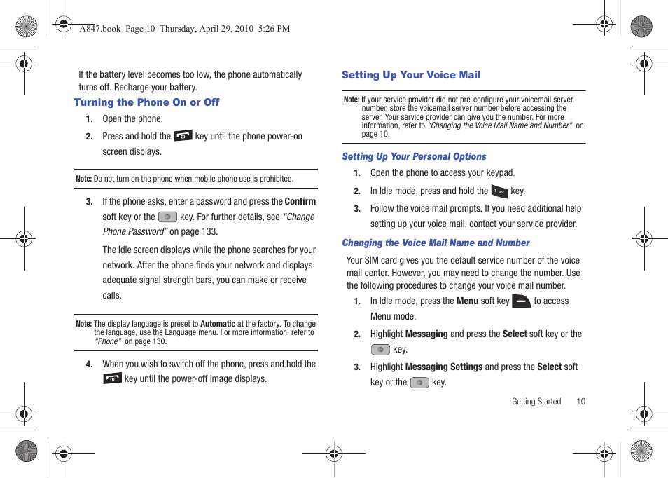 Turning the phone on or off, Setting up your voice mail | Samsung SGH-A847ZAAATT User Manual | Page 15 / 187