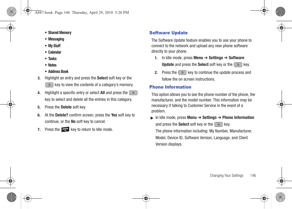 Software update, Phone information, Software update phone information | Samsung SGH-A847ZAAATT User Manual | Page 151 / 187