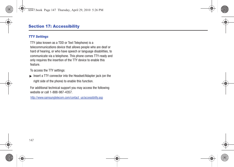 Section 17: accessibility | Samsung SGH-A847ZAAATT User Manual | Page 152 / 187