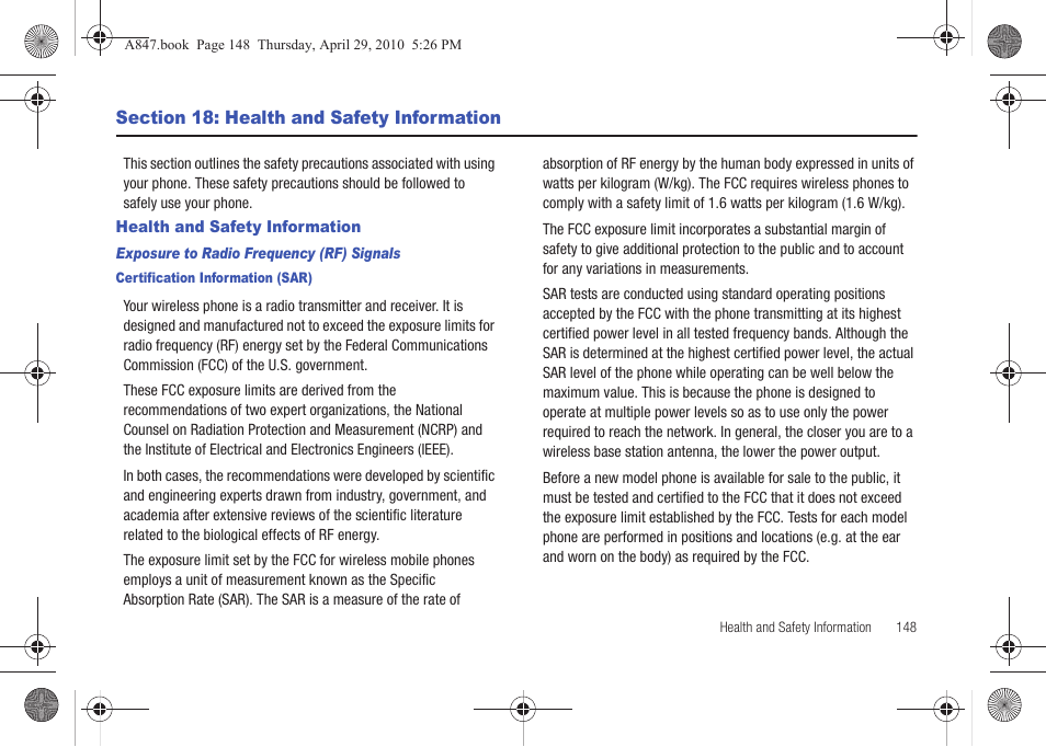 Section 18: health and safety information, Health and safety information | Samsung SGH-A847ZAAATT User Manual | Page 153 / 187