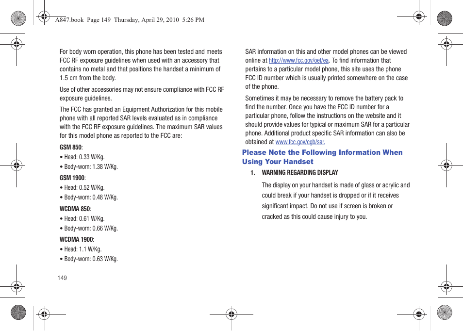 Please note the following information when using, Your handset | Samsung SGH-A847ZAAATT User Manual | Page 154 / 187