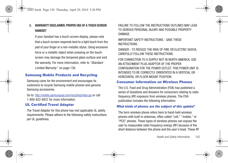 Samsung mobile products and recycling, Ul certified travel adapter, Consumer information on wireless phones | Samsung SGH-A847ZAAATT User Manual | Page 155 / 187