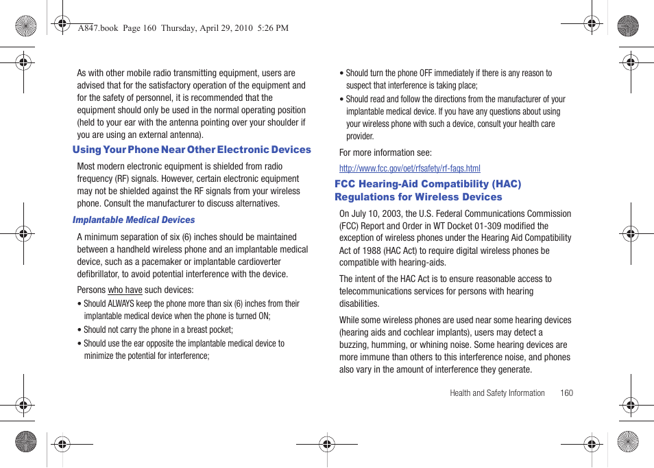 Using your phone near other electronic devices, Wireless devices | Samsung SGH-A847ZAAATT User Manual | Page 165 / 187