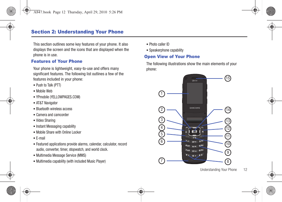 Section 2: understanding your phone, Features of your phone, Open view of your phone | Features of your phone open view of your phone | Samsung SGH-A847ZAAATT User Manual | Page 17 / 187