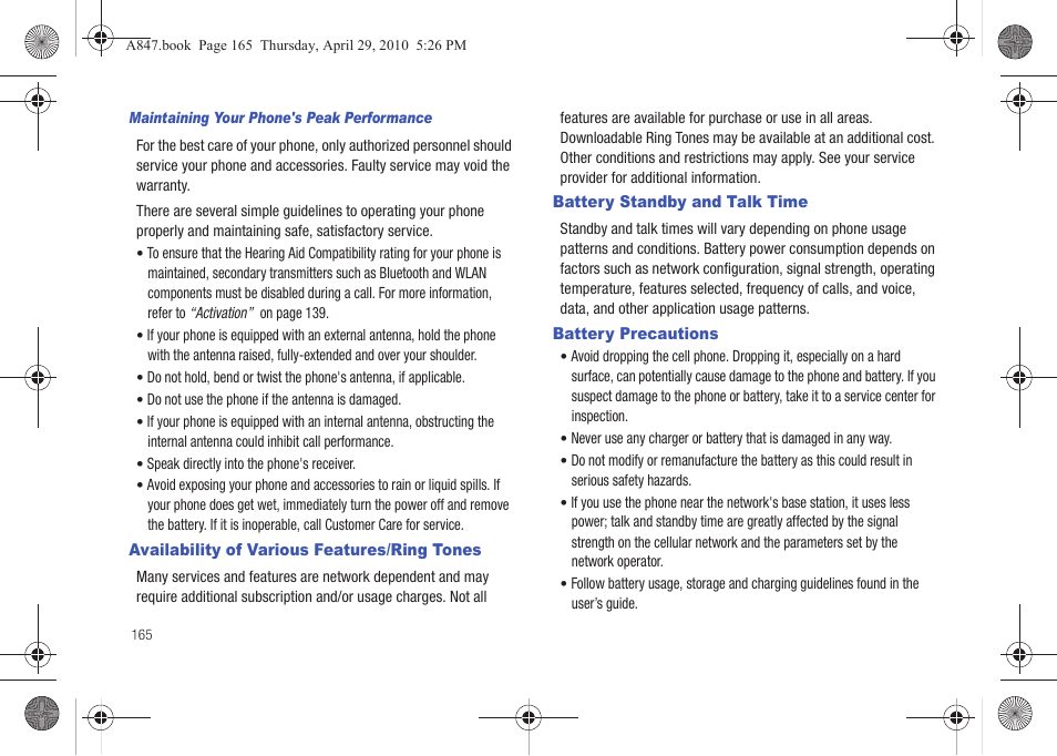 Availability of various features/ring tones, Battery standby and talk time, Battery precautions | Samsung SGH-A847ZAAATT User Manual | Page 170 / 187