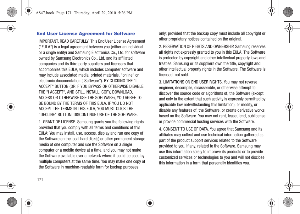 End user license agreement for software | Samsung SGH-A847ZAAATT User Manual | Page 176 / 187