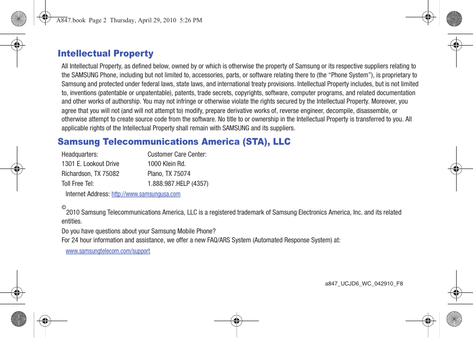 Intellectual property, Samsung telecommunications america (sta), llc | Samsung SGH-A847ZAAATT User Manual | Page 2 / 187