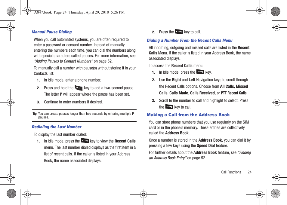 Making a call from the address book | Samsung SGH-A847ZAAATT User Manual | Page 29 / 187