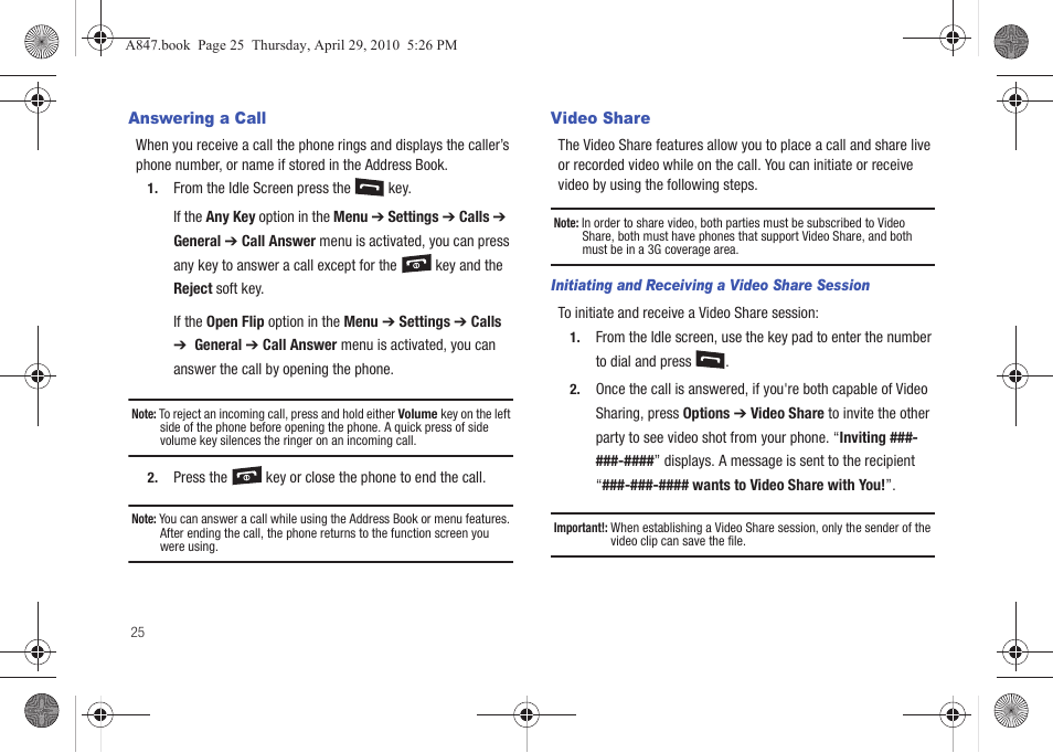 Answering a call, Video share, Answering a call video share | Samsung SGH-A847ZAAATT User Manual | Page 30 / 187