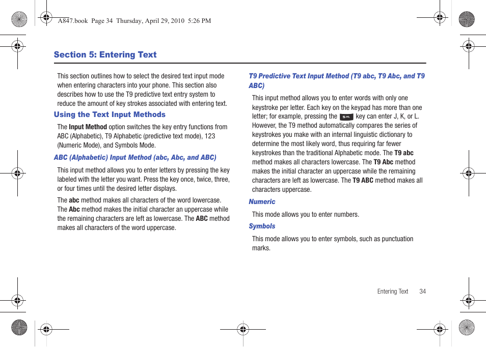 Section 5: entering text, Using the text input methods | Samsung SGH-A847ZAAATT User Manual | Page 39 / 187