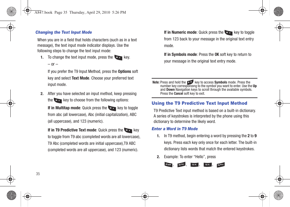 Using the t9 predictive text input method | Samsung SGH-A847ZAAATT User Manual | Page 40 / 187