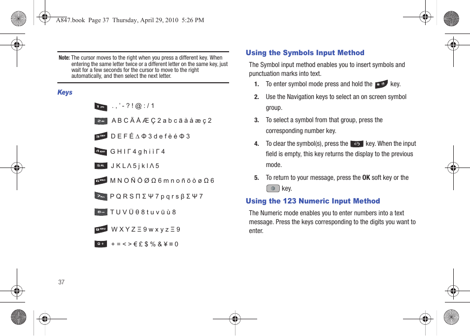 Using the symbols input method, Using the 123 numeric input method | Samsung SGH-A847ZAAATT User Manual | Page 42 / 187