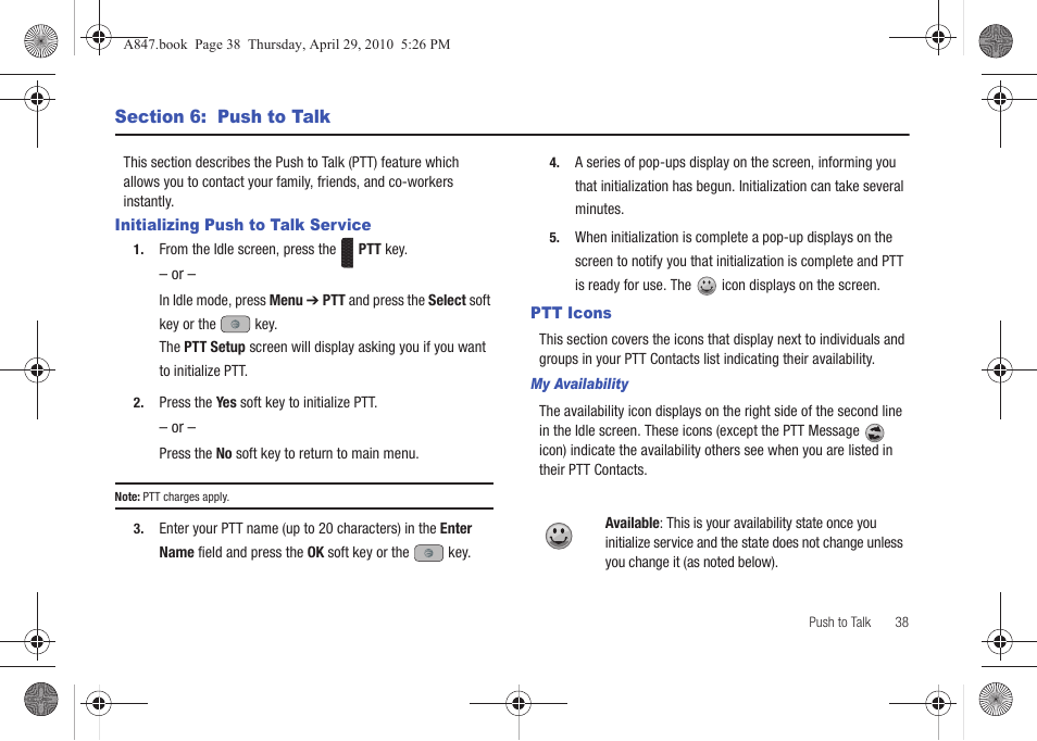 Section 6: push to talk, Initializing push to talk service, Ptt icons | Initializing push to talk service ptt icons | Samsung SGH-A847ZAAATT User Manual | Page 43 / 187