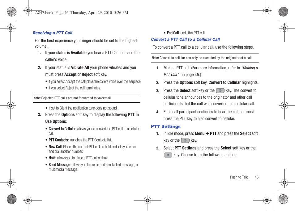 Ptt settings | Samsung SGH-A847ZAAATT User Manual | Page 51 / 187