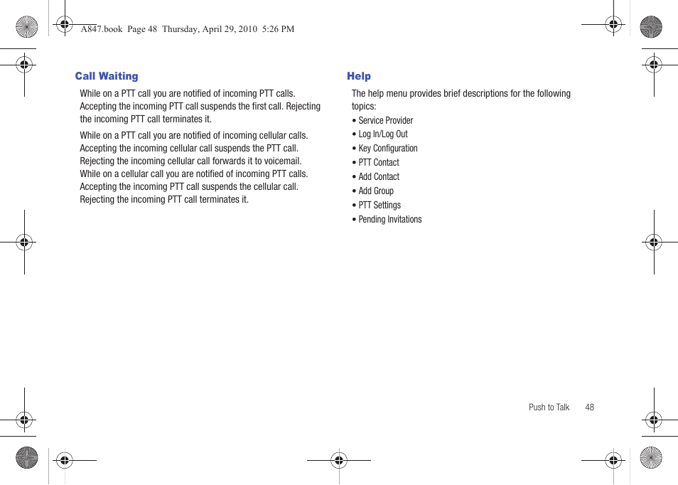 Call waiting, Help, Call waiting help | Samsung SGH-A847ZAAATT User Manual | Page 53 / 187