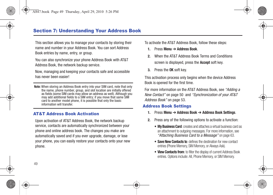 Section 7: understanding your address book, At&t address book activation, Address book settings | At&t address book activation address book settings | Samsung SGH-A847ZAAATT User Manual | Page 54 / 187