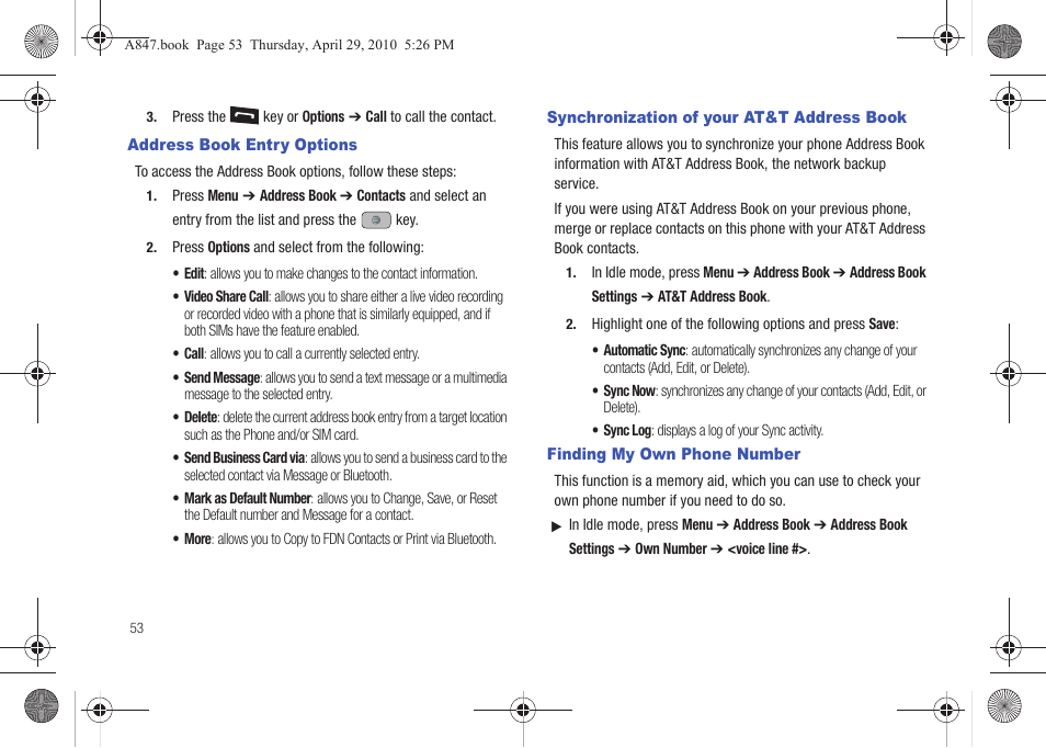 Address book entry options, Synchronization of your at&t address book, Finding my own phone number | Samsung SGH-A847ZAAATT User Manual | Page 58 / 187