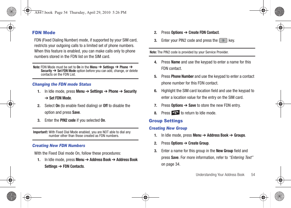 Fdn mode, Group settings, Fdn mode group settings | Samsung SGH-A847ZAAATT User Manual | Page 59 / 187