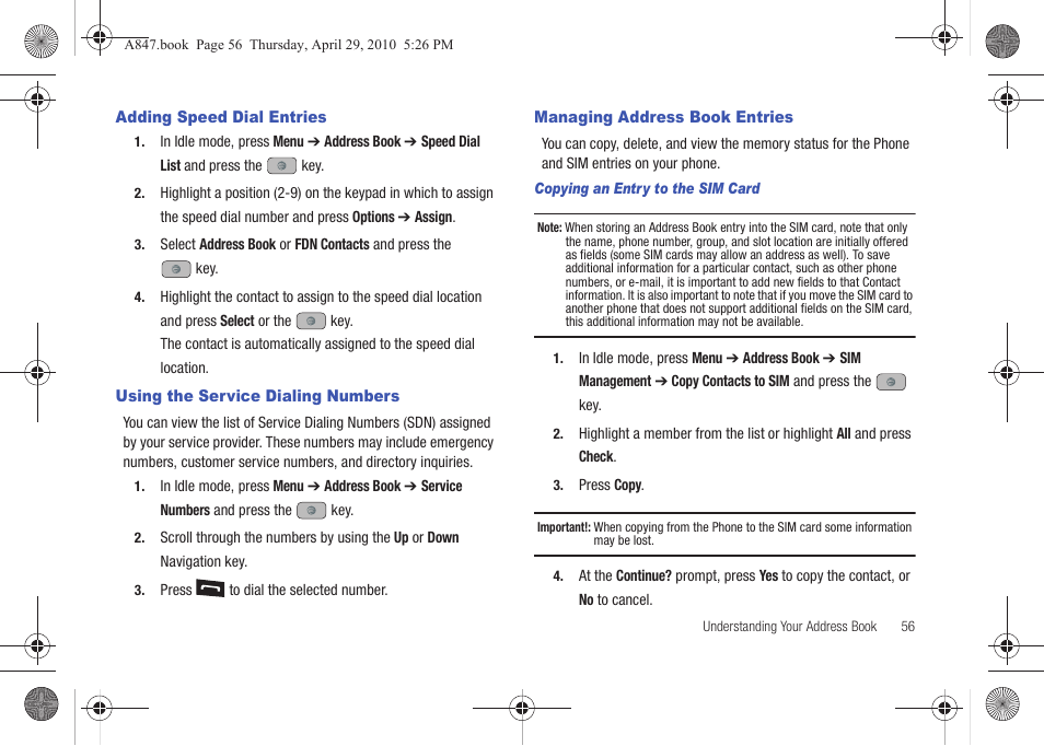Adding speed dial entries, Using the service dialing numbers, Managing address book entries | Samsung SGH-A847ZAAATT User Manual | Page 61 / 187