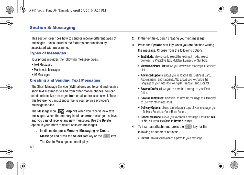 Section 8: messaging, Types of messages, Creating and sending text messages | Samsung SGH-A847ZAAATT User Manual | Page 64 / 187