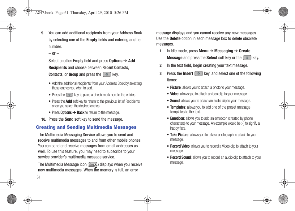 Creating and sending multimedia messages | Samsung SGH-A847ZAAATT User Manual | Page 66 / 187